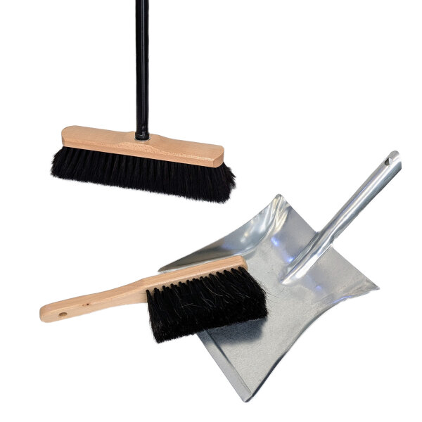 Besen und Kehrschaufel Set 4-teilig – Besen & Stiel, Handfeger & Metall-Kehrschaufel, Naturhaar
