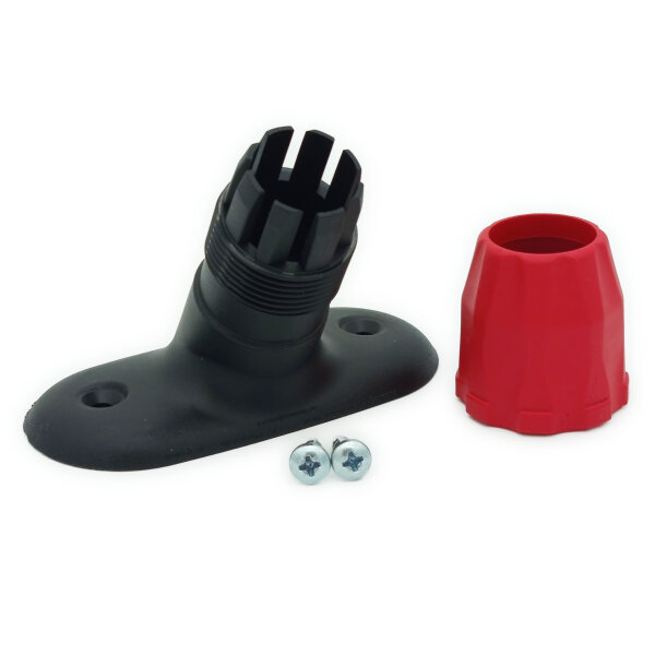 Universalstielhalter, Kunststoff, schwarz, rote Mutter, Ø 24 mm, mit 2 Spax-Schrauben 5 x 25 mm