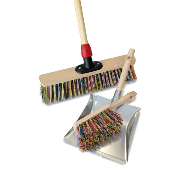 Reinigungs-Komplettset "Konfetti" mit Besen und Handfeger im PET-Farbmix und Kehrschaufel