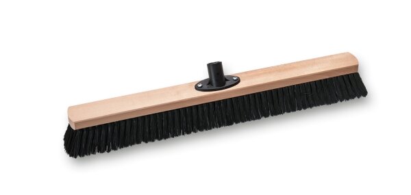 Besen, 600 mm, feine schwarze PET-Borste, unlackiert, mit Quick-fest-Halter